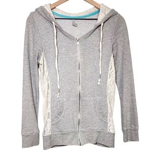 Vanity Womens Medium V-Neck Sheer Lace Lined Hooded Zip Sweatshirt Pockets Gray